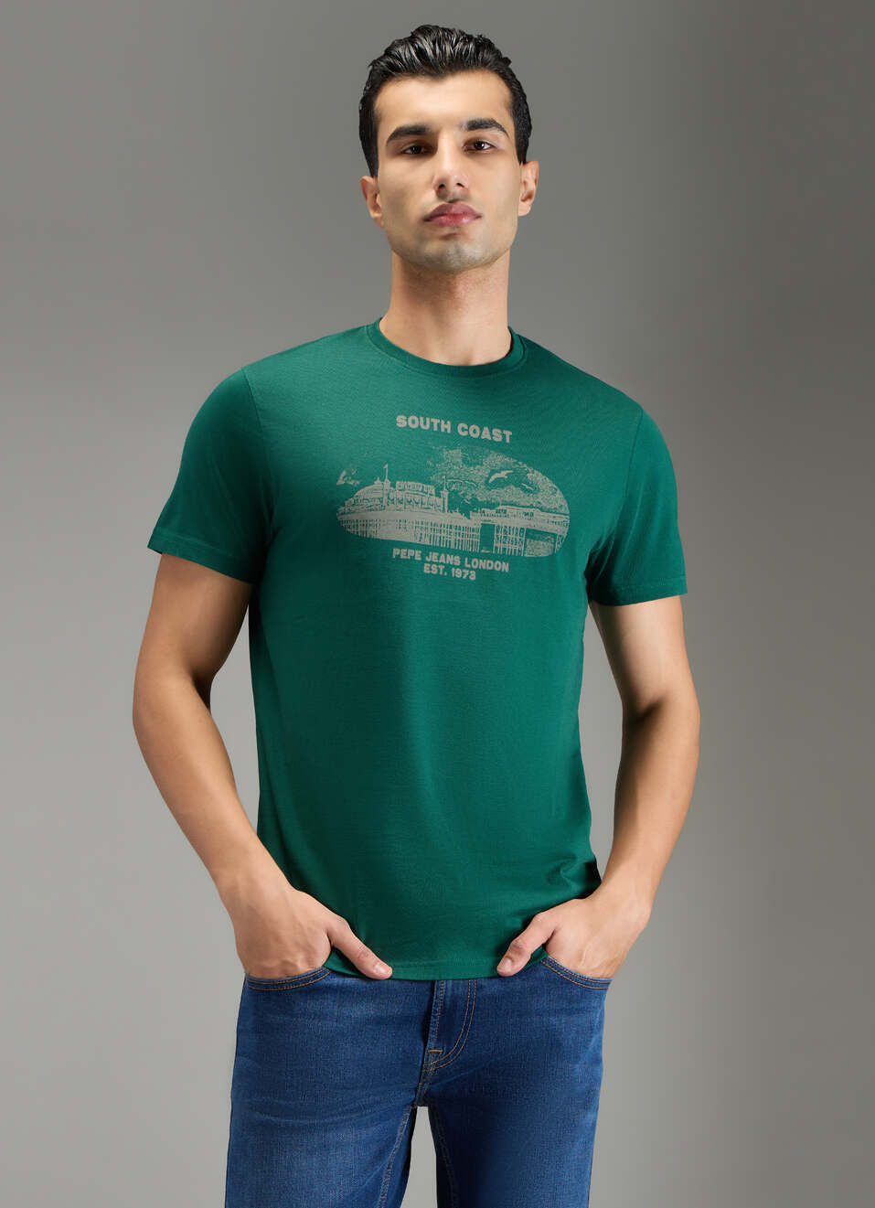 Men Green Placement Print Slim Fit T-shirt, , large image number 1