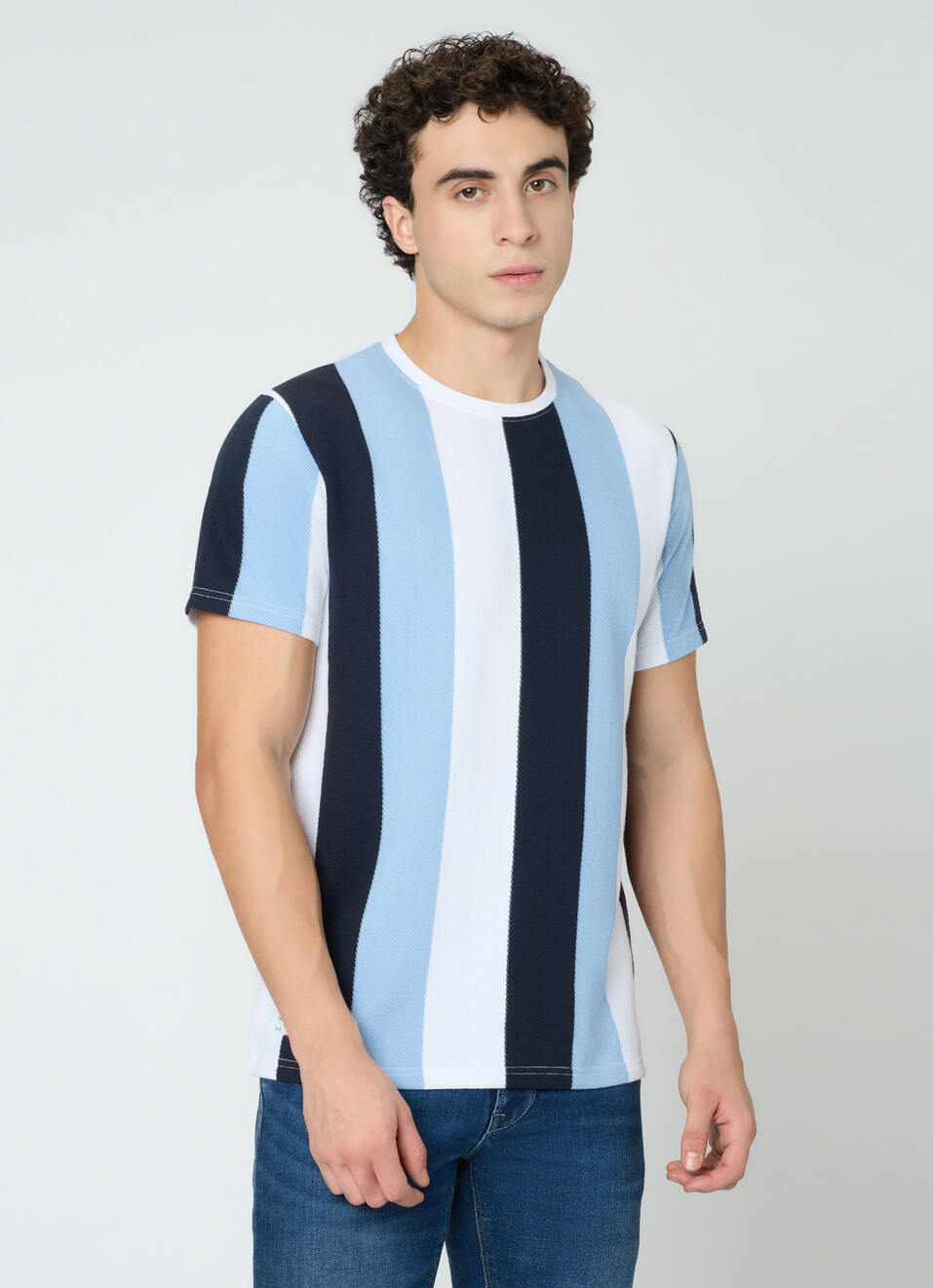 Men Blue Striped Slim Fit T-shirt, , large image number 1