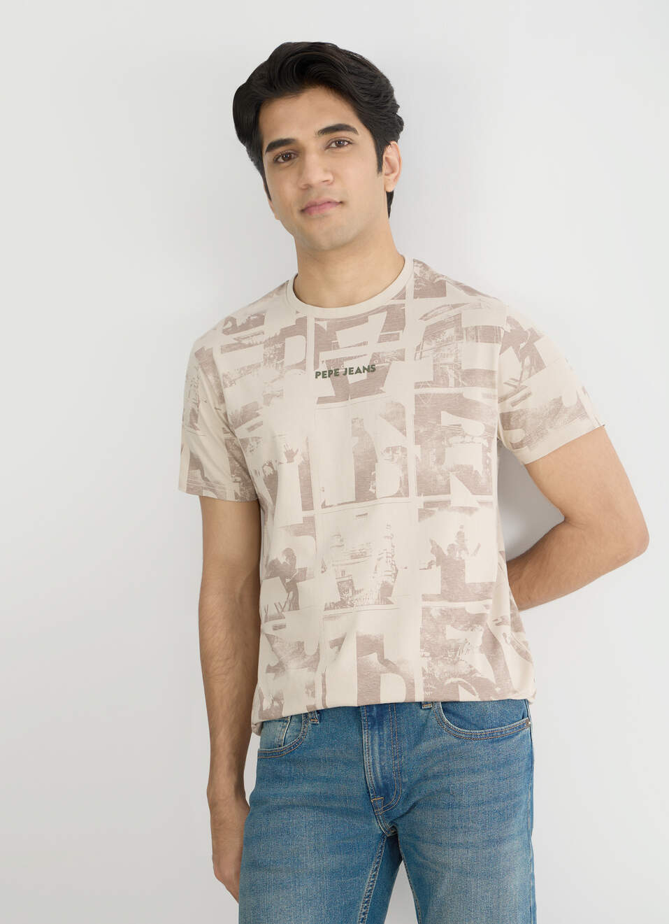 Men Light Beige Printed Slim Fit T-shirt, , large image number 0