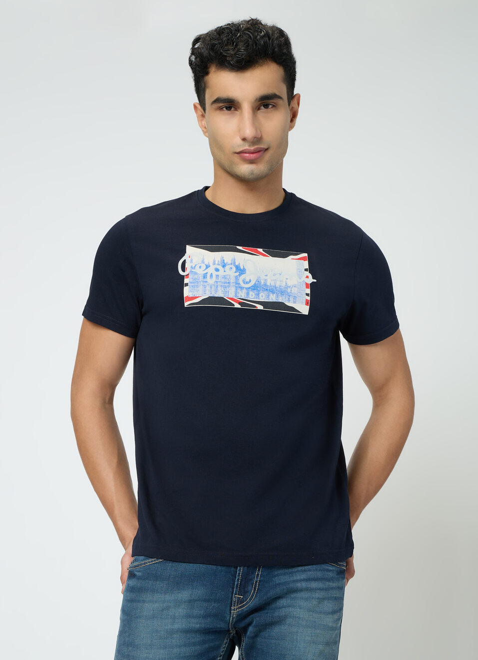 Men Navy Graphic Slim Fit T-shirt, , large image number 1