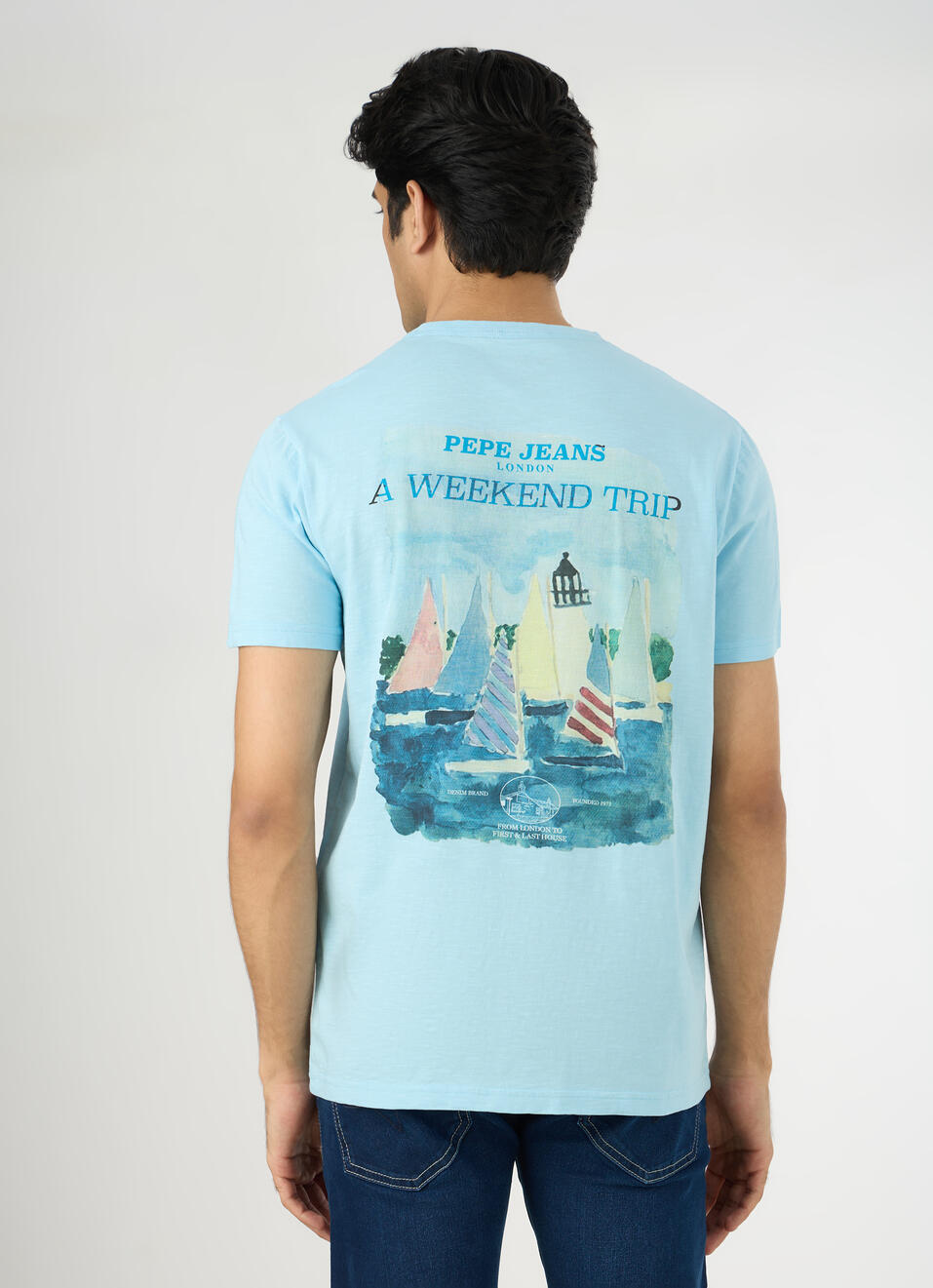 Men Sky Blue Slim Back Print T-shirt, , large image number 2