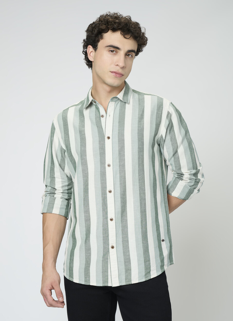 Men Dark Green Striped Shirt, , large image number 1