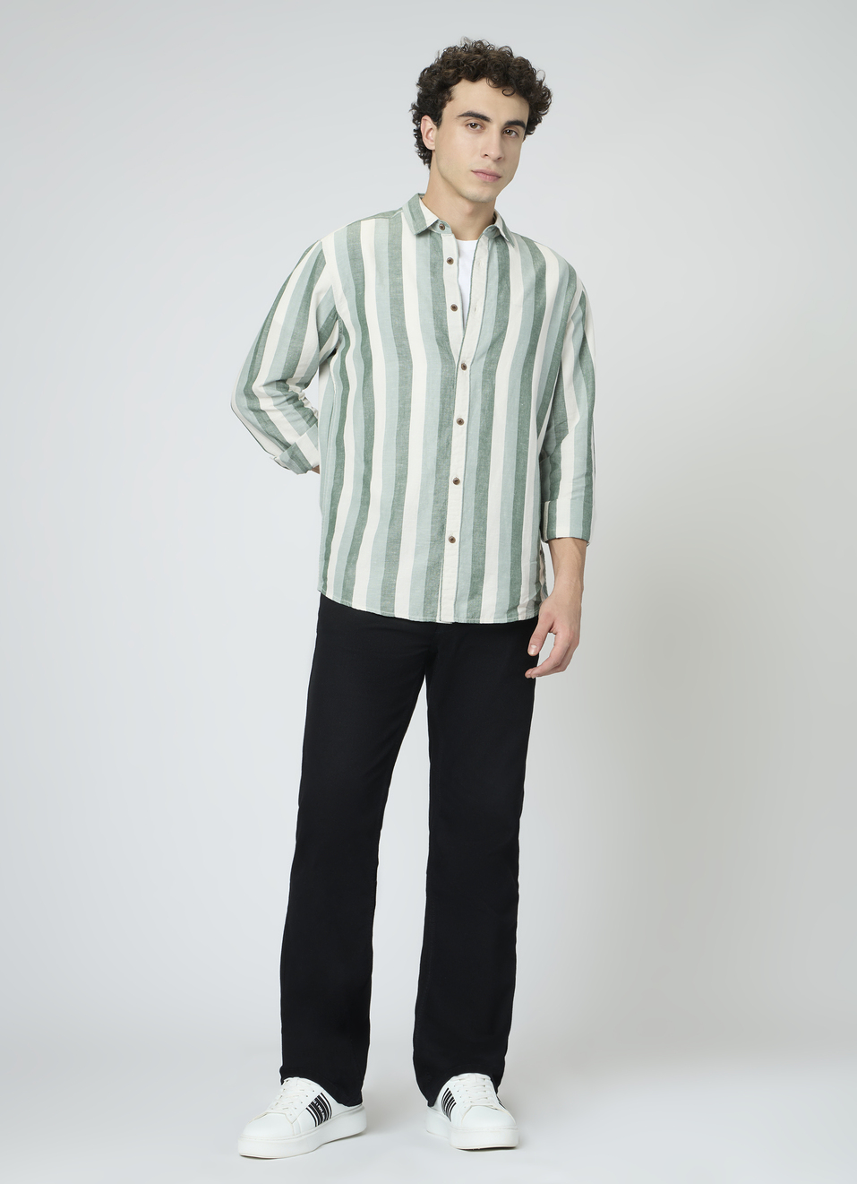 Men Dark Green Striped Shirt, , large image number 5