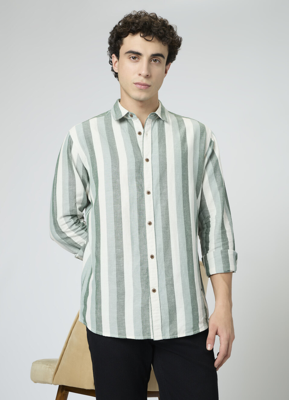Men Dark Green Striped Shirt, , large image number 0