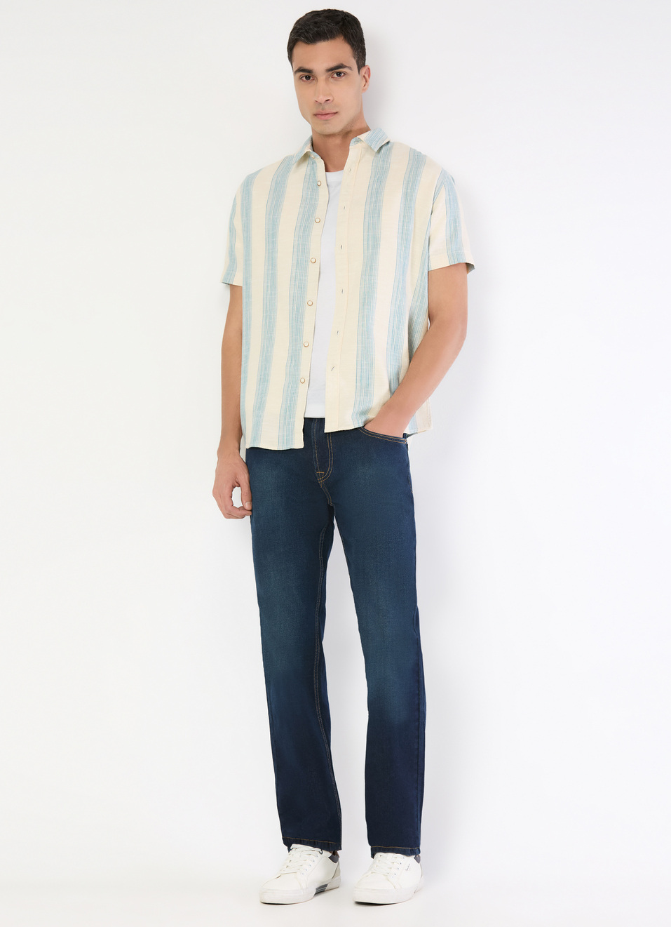 Men Off White Striped Shirt, , large image number 5