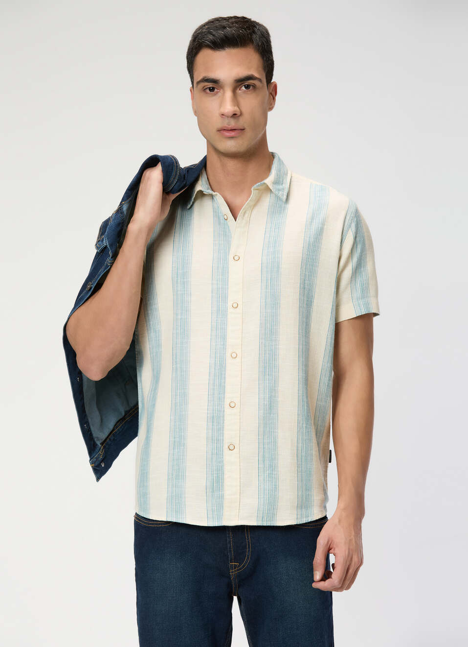 Men Off White Striped Shirt, , large image number 0
