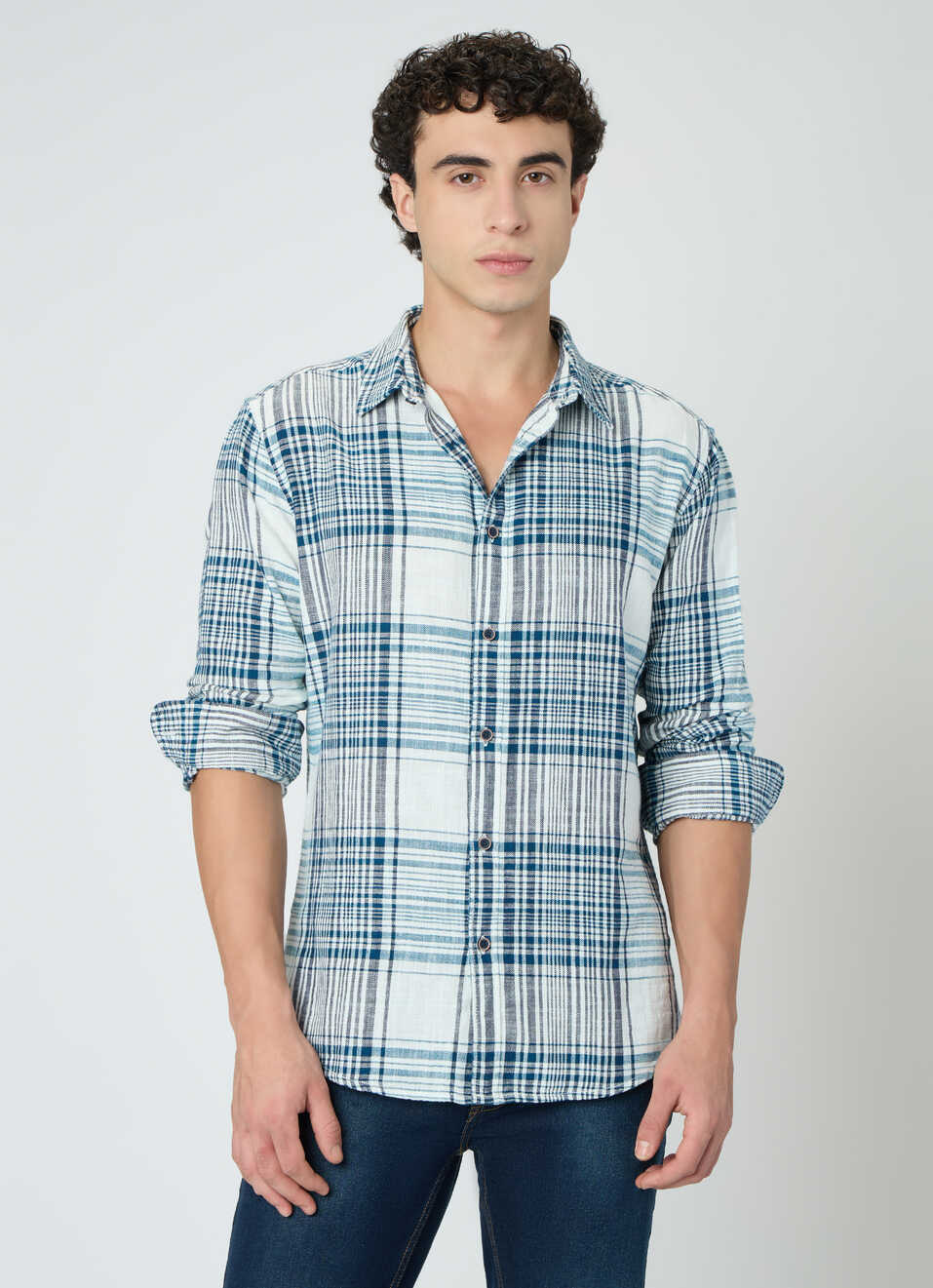 Men Teal Blue Checked Shirt, , large image number 1