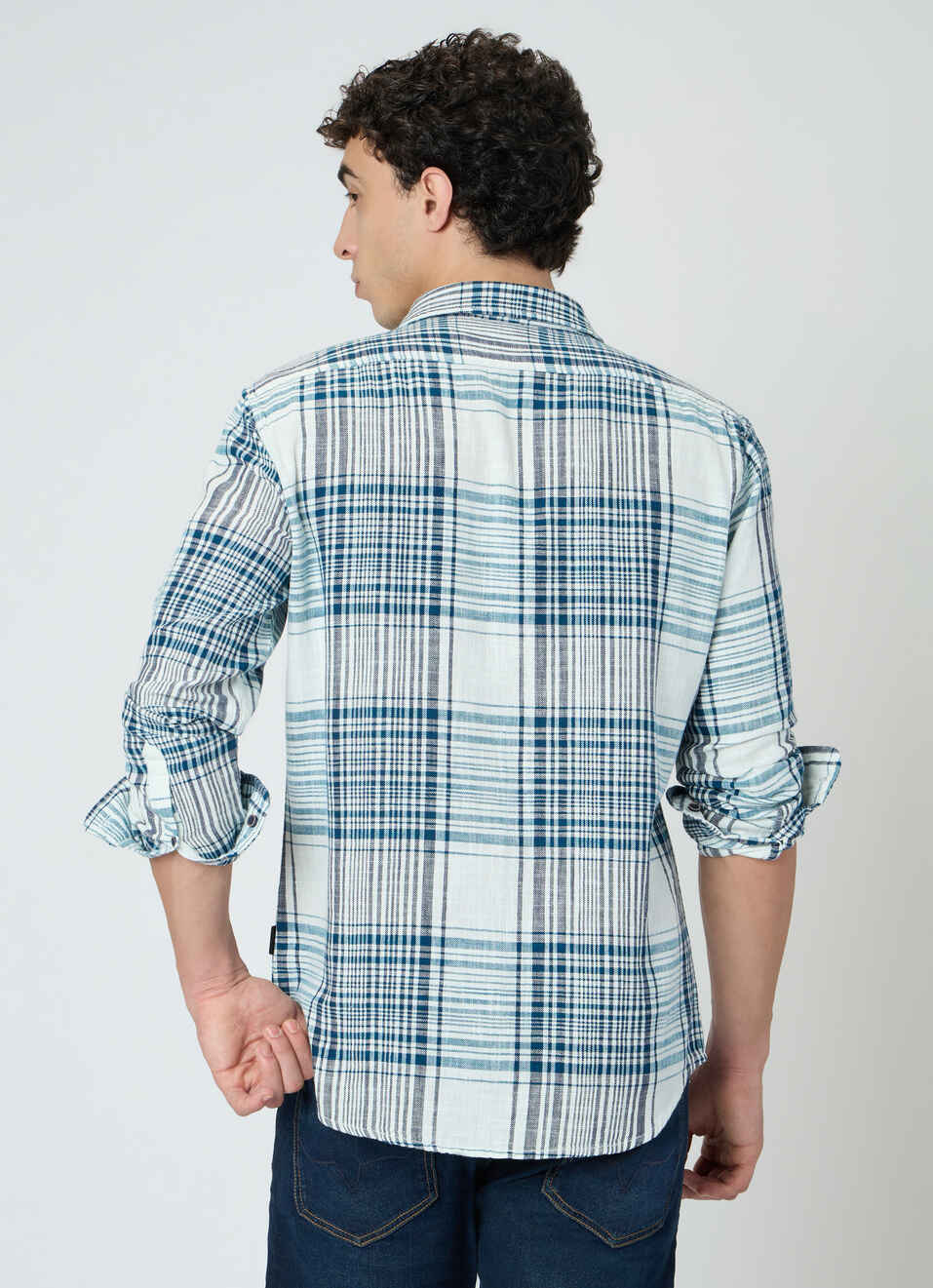 Men Teal Blue Checked Shirt, , large image number 2