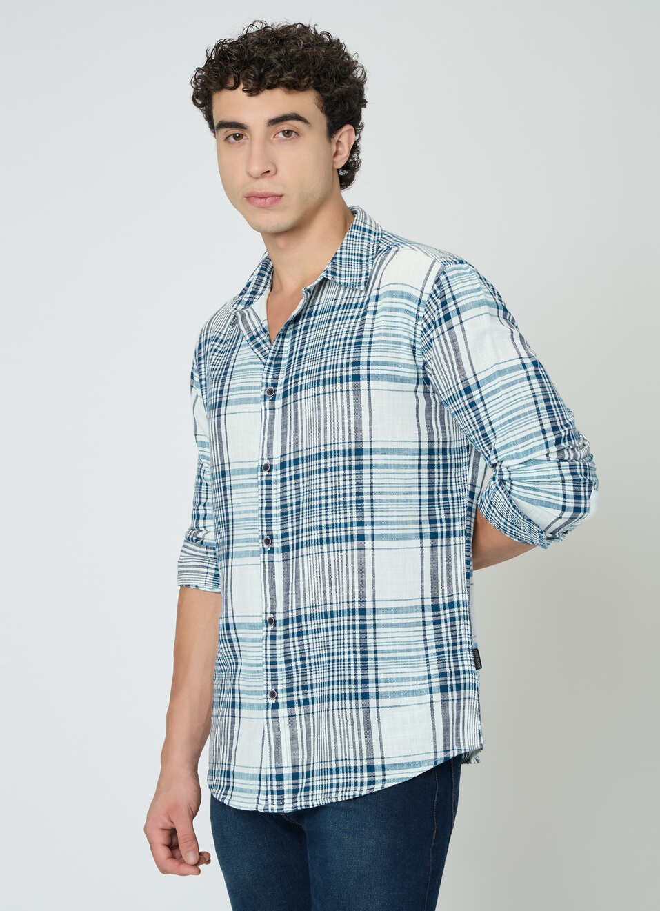 Men Teal Blue Checked Shirt, , large image number 3