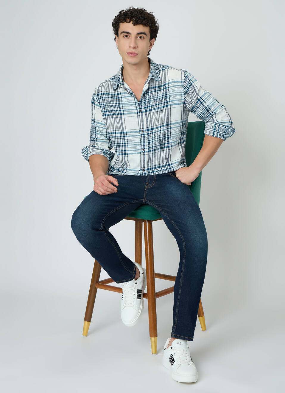 Men Teal Blue Checked Shirt, , large image number 5