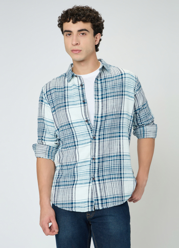 Men Teal Blue Checked Shirt