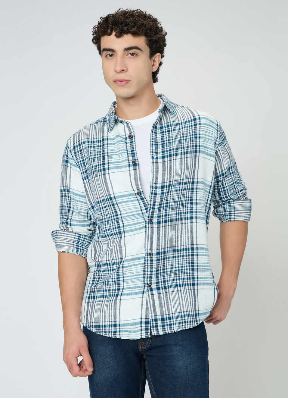 Men Teal Blue Checked Shirt, , large image number 0