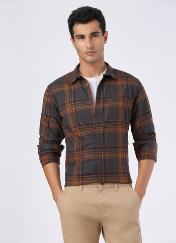 Men Charcoal Grey Checked Regular Fit Twill Shirt