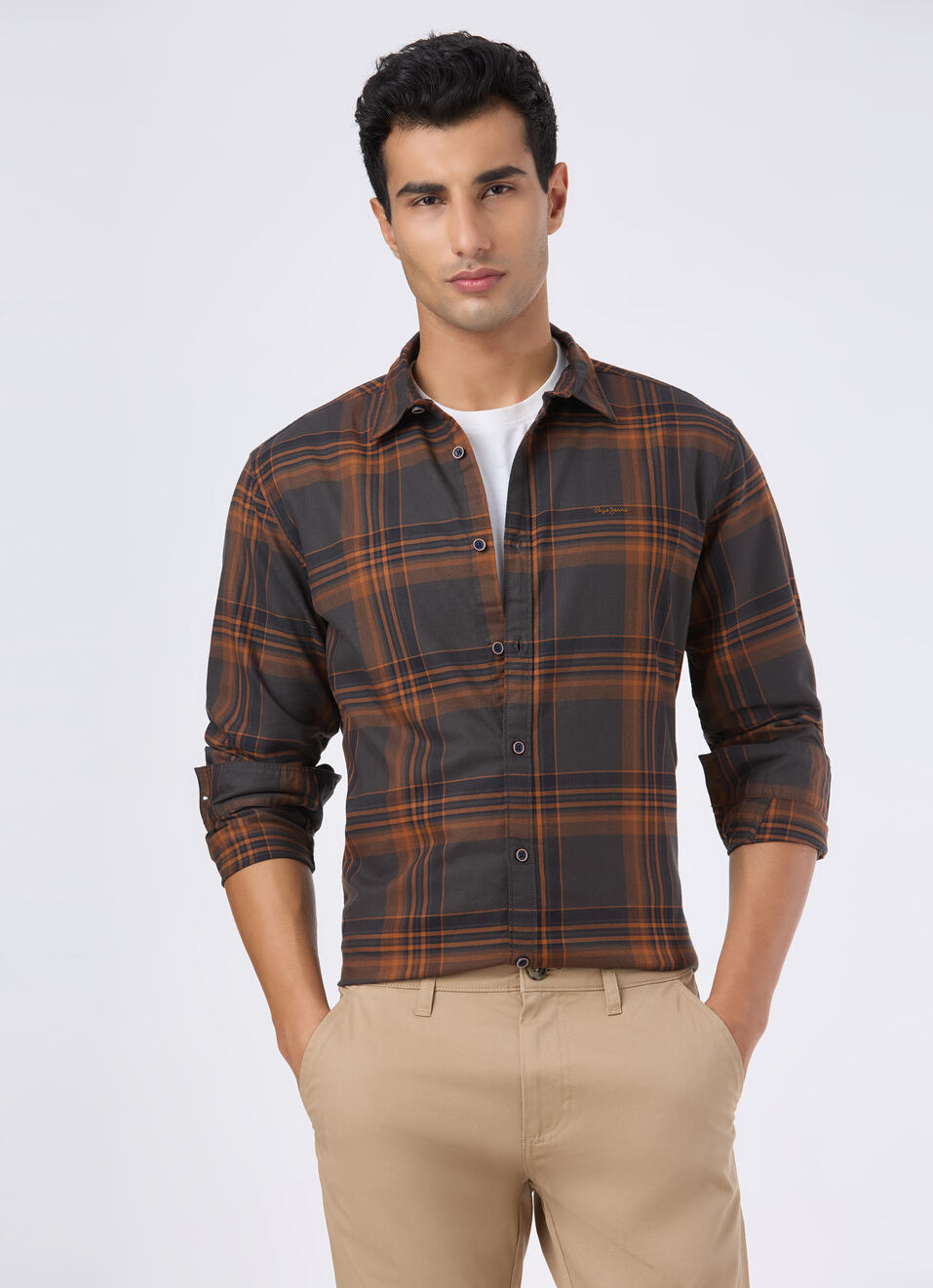 Men Charcoal Grey Checked Regular Fit Twill Shirt, , large image number 0