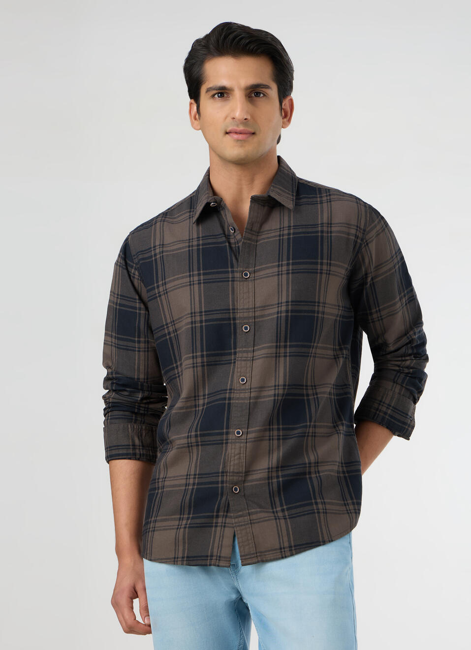 Men Grey Checked Shirt, , large image number 0