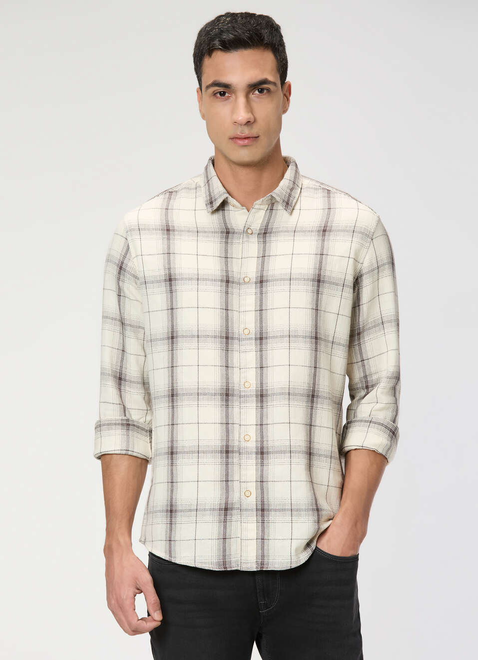 Men Off White Checked Shirt, , large image number 1