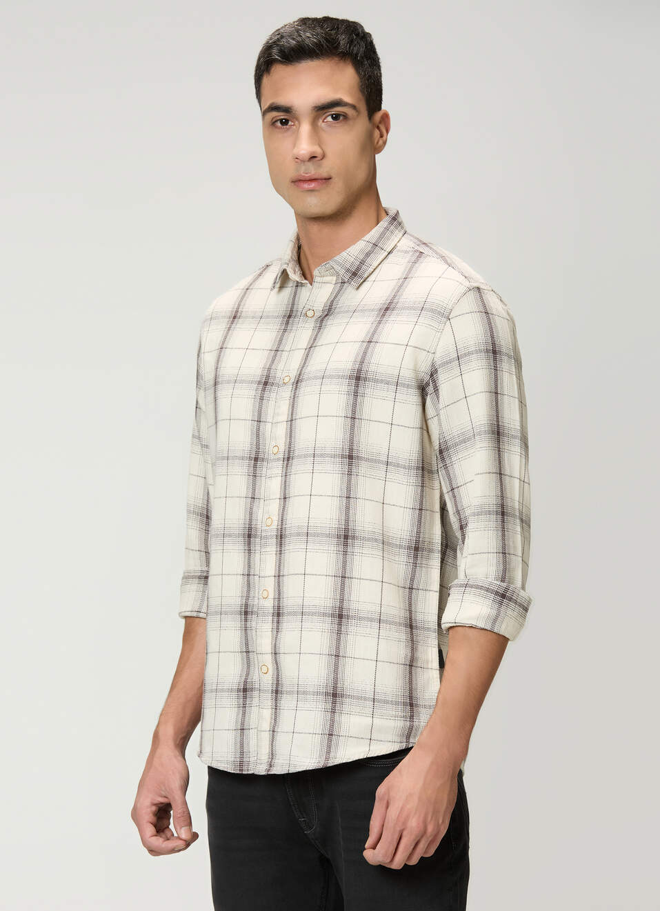Men Off White Checked Shirt, , large image number 3