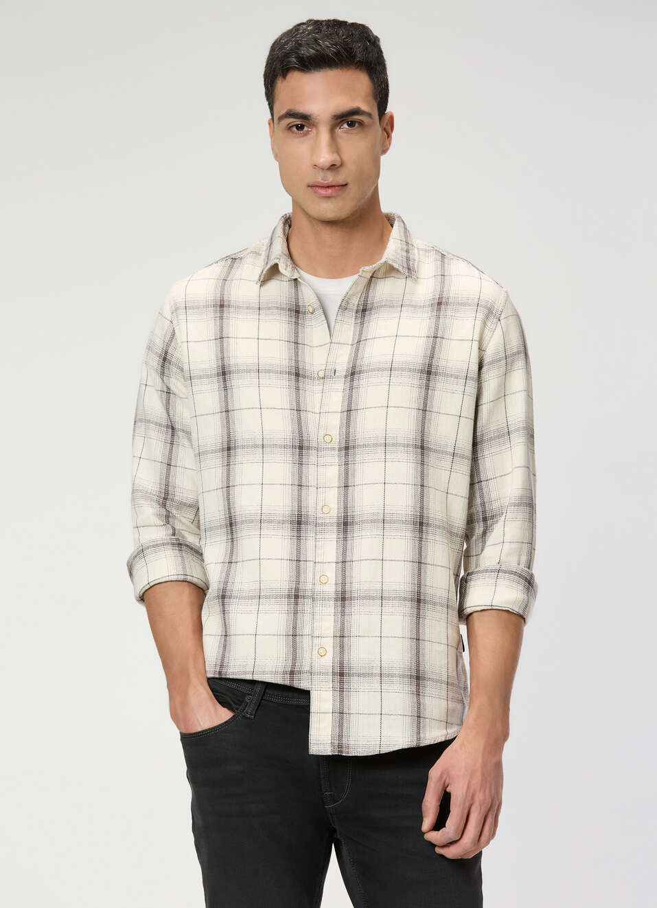 Men Off White Checked Shirt, , large image number 0