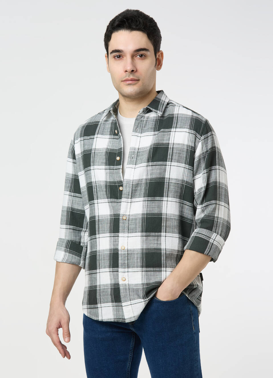Men Dark Green Checked Shirt, , large image number 0