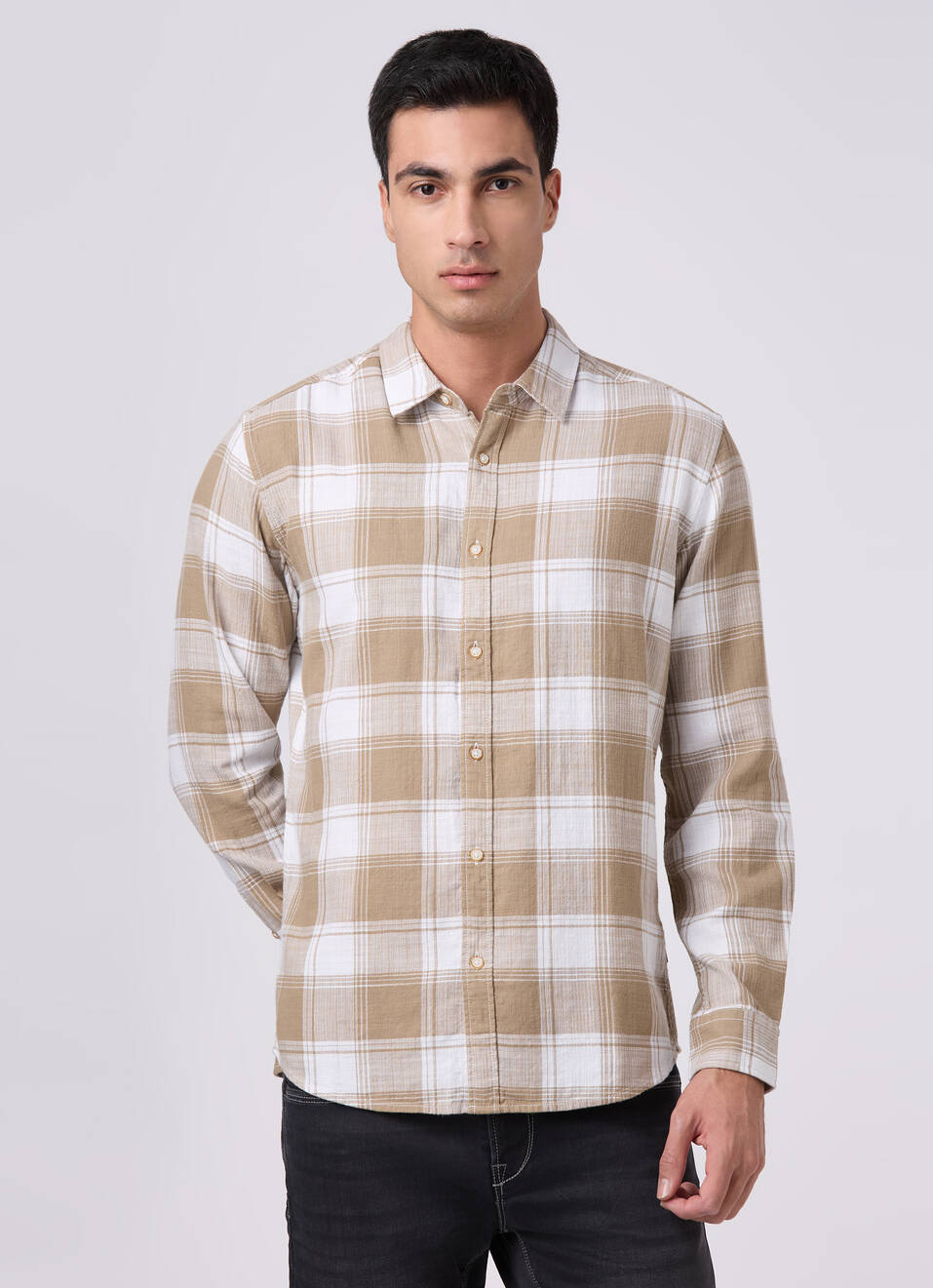 Men Khaki Beige Checked Shirt, , large image number 1