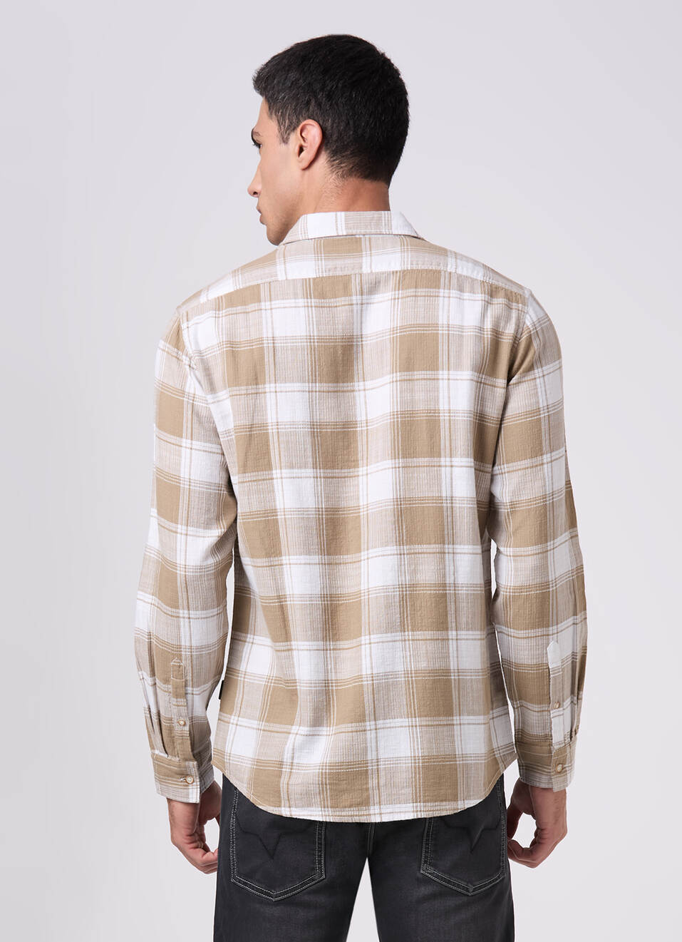 Men Khaki Beige Checked Shirt, , large image number 2
