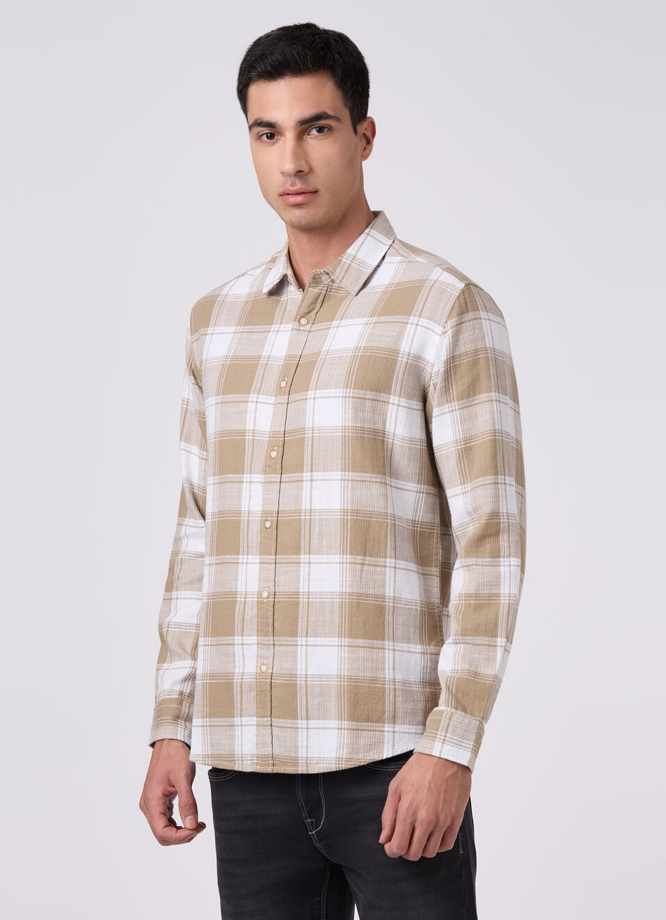Men Khaki Beige Checked Shirt, , large image number 3