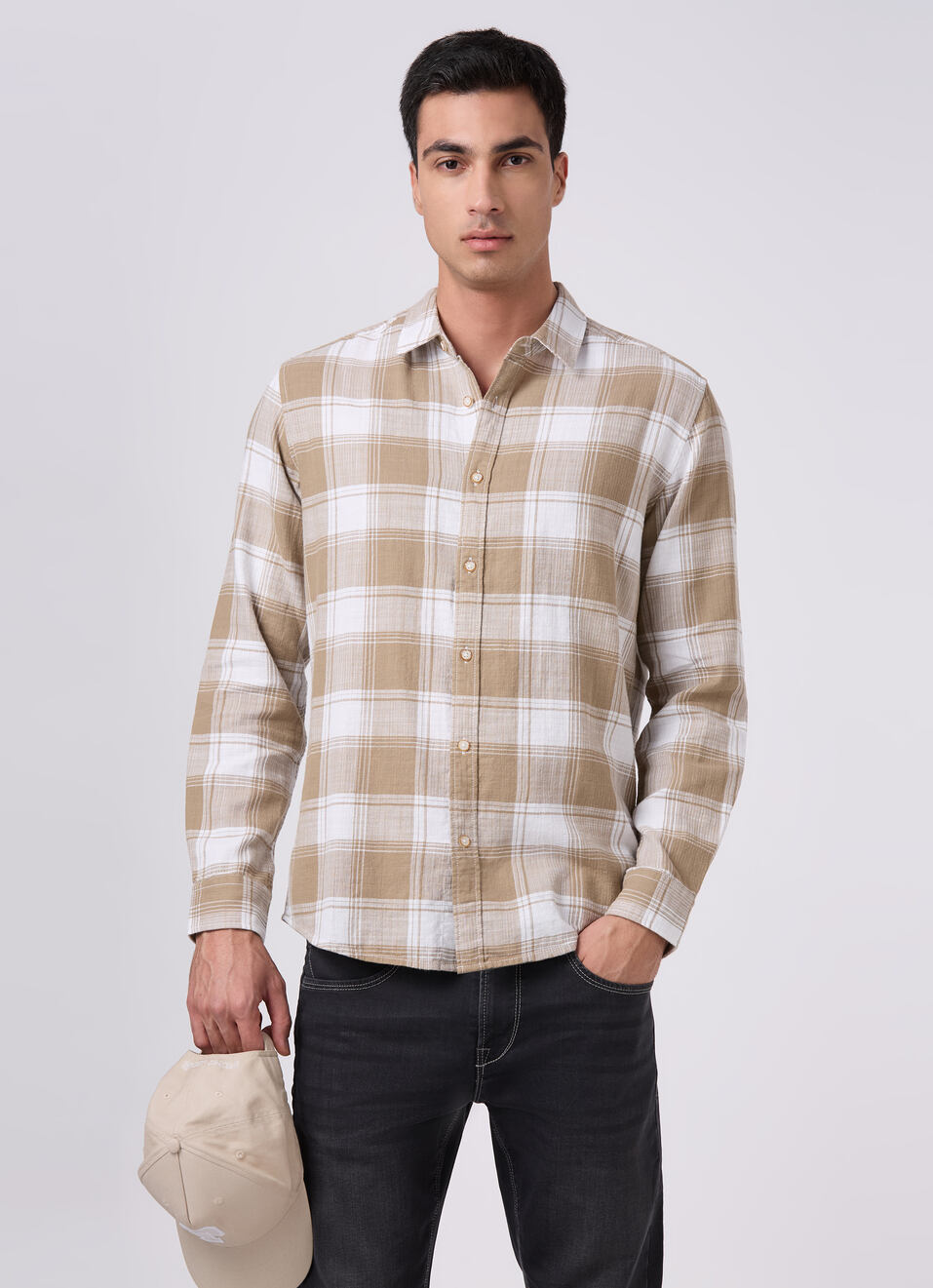 Men Khaki Beige Checked Shirt, , large image number 0