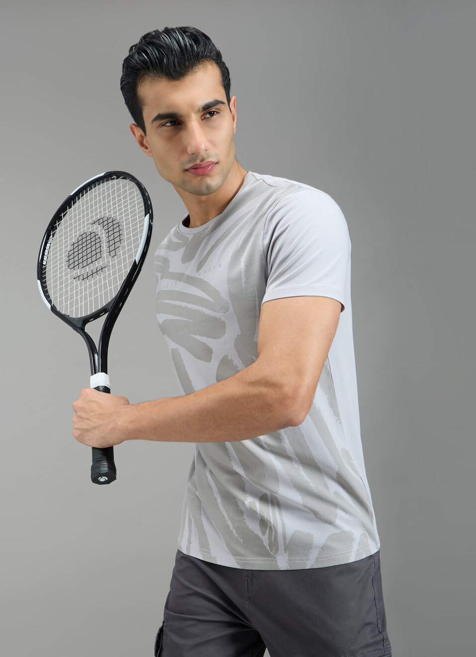 Men Grey Abstract Print Slim Fit T-shirt, , large image number 0