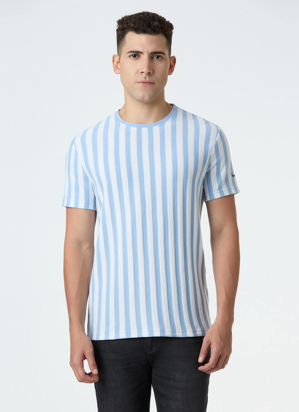 Men Sky Blue Striped Slim Fit T-shirt, , large image number 1