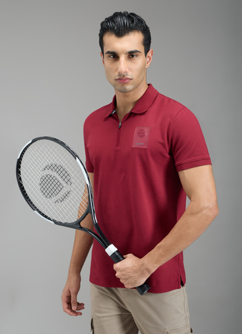 Men Red Solid Half Zip Short Sleeve Polo