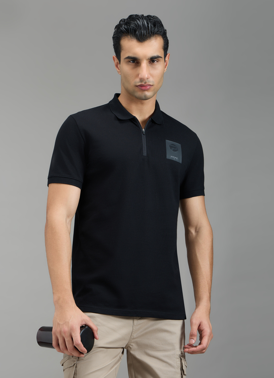 Men Black Solid Half Zip Short Sleeve Polo, , large image number 1
