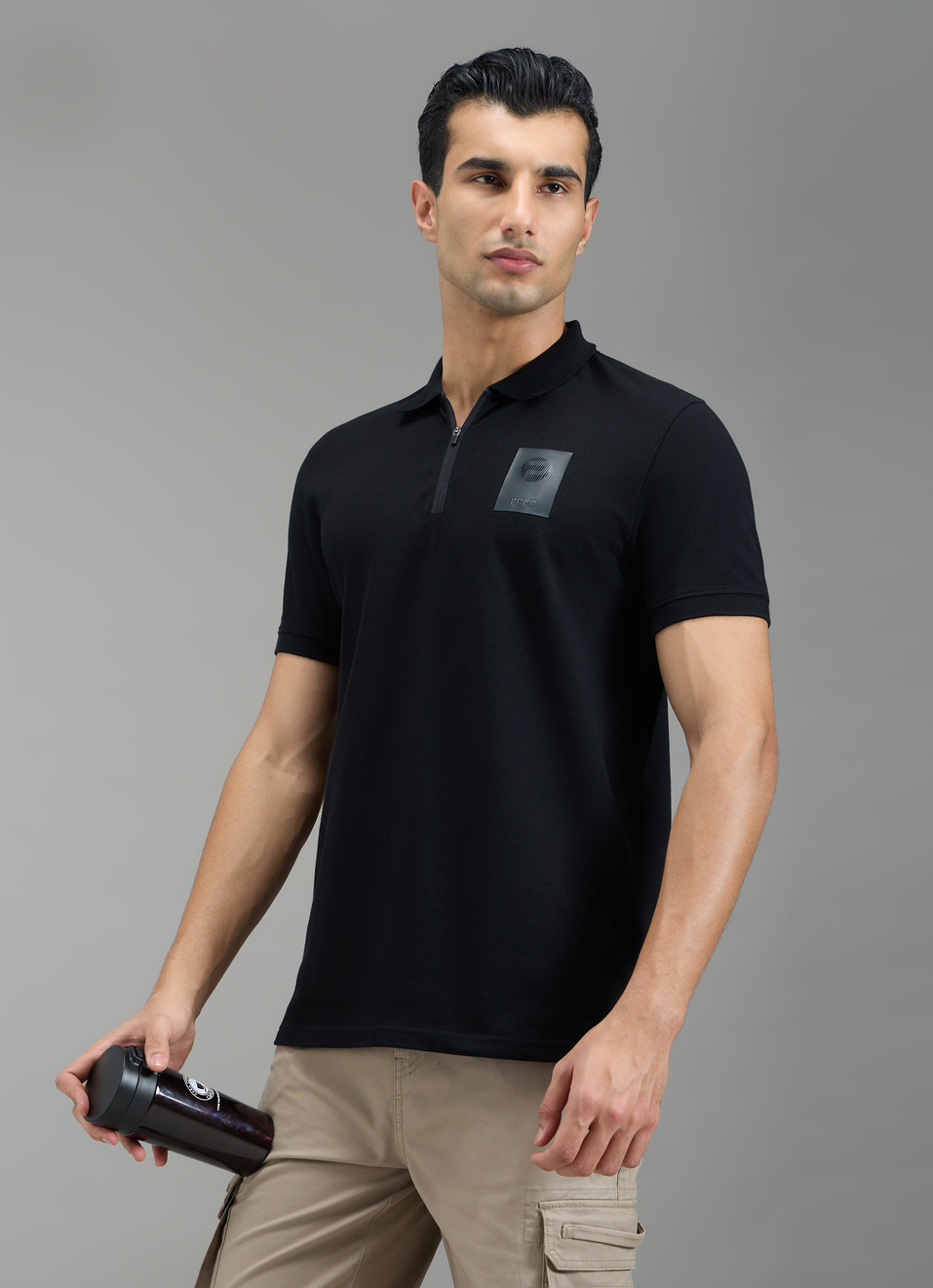 Men Black Solid Half Zip Short Sleeve Polo, , large image number 3