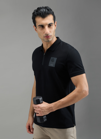 Men Black Solid Half Zip Short Sleeve Polo