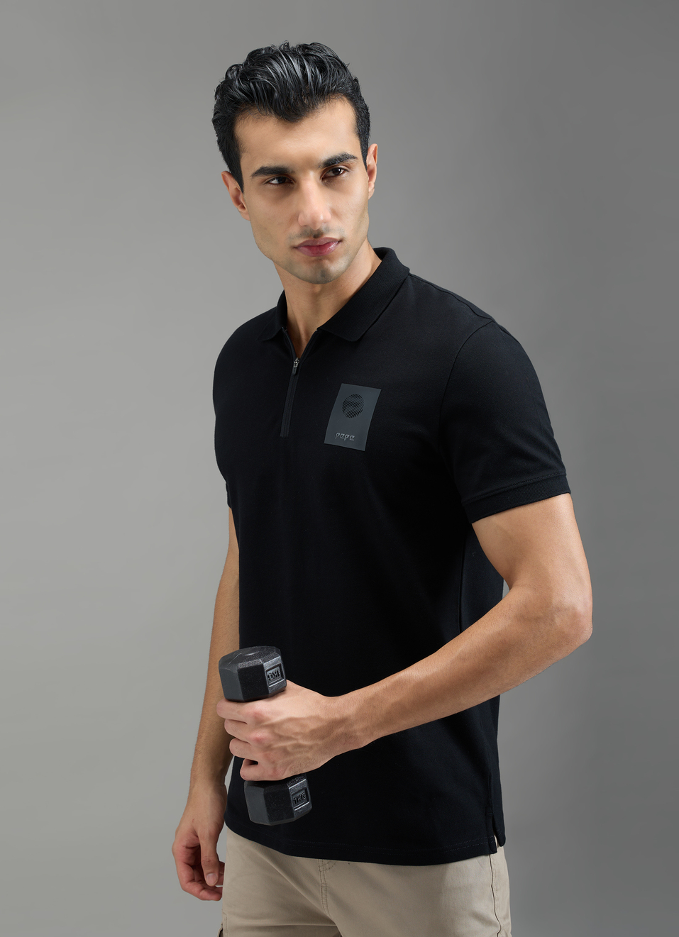 Men Black Solid Half Zip Short Sleeve Polo, , large image number 0