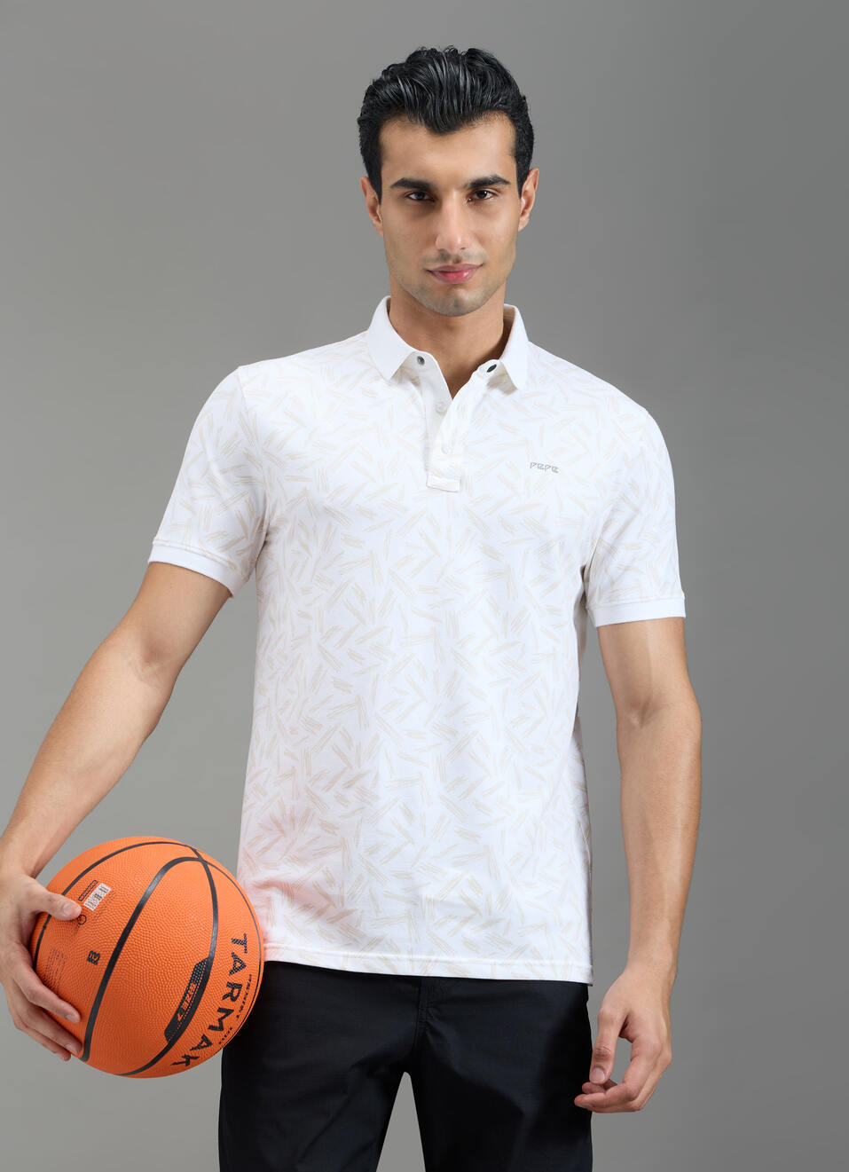 Men Off White Abstract Print Polo Collar T-shirt, , large image number 1