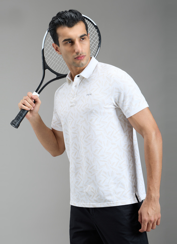 Men Off White Abstract Print Polo Collar T-shirt
