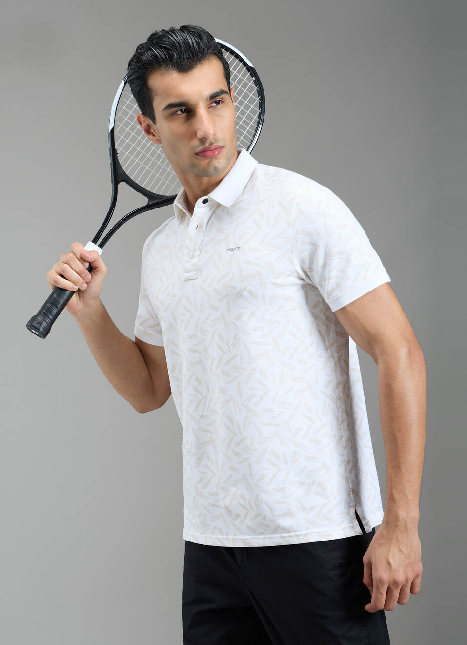 Men Off White Abstract Print Polo Collar T-shirt, , large image number 0