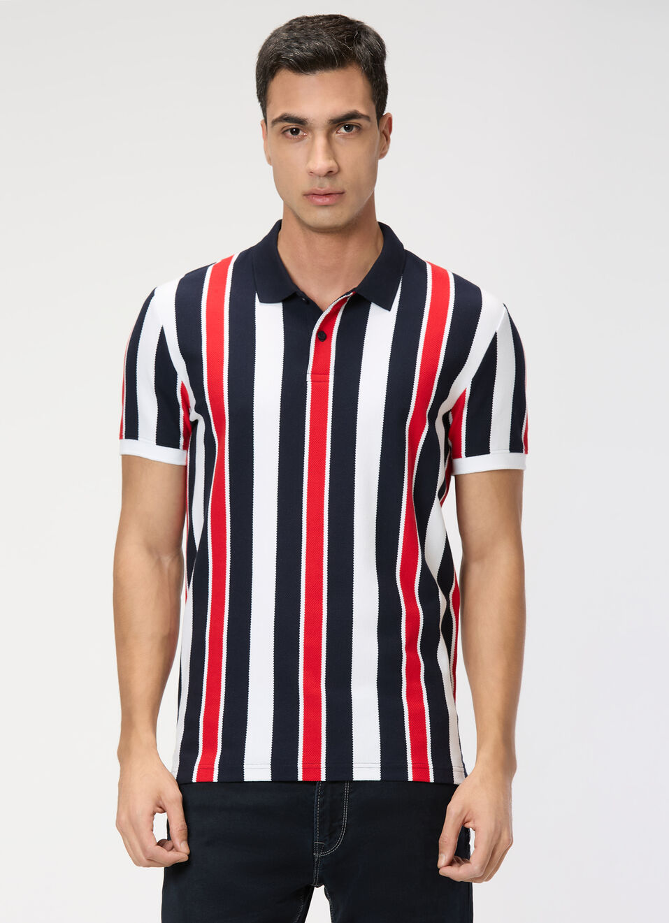 Men Navy Striped Polo Collar T-shirt, , large image number 1