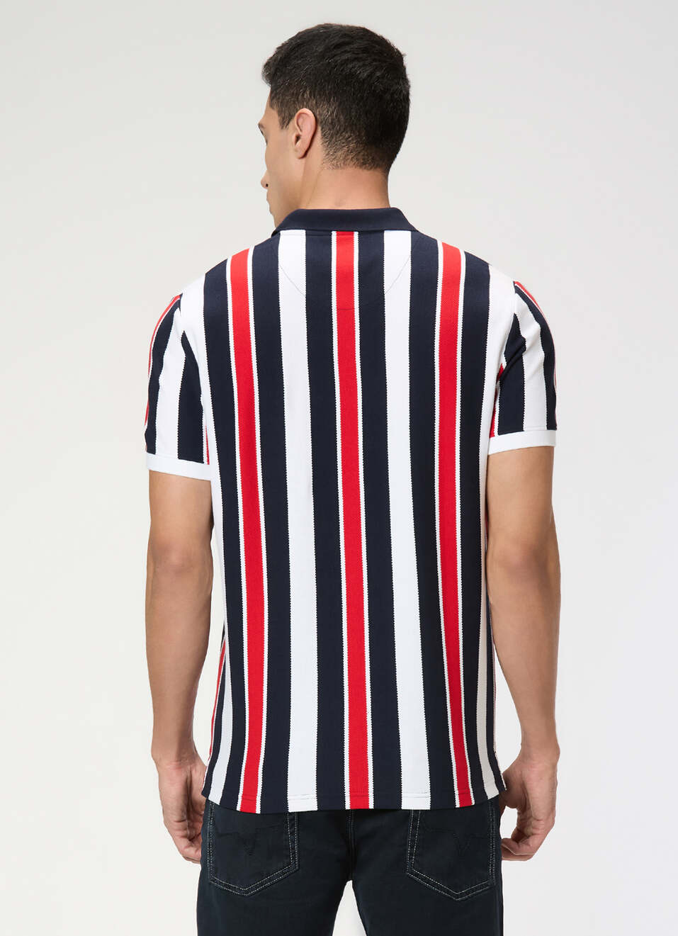 Men Navy Striped Polo Collar T-shirt, , large image number 2