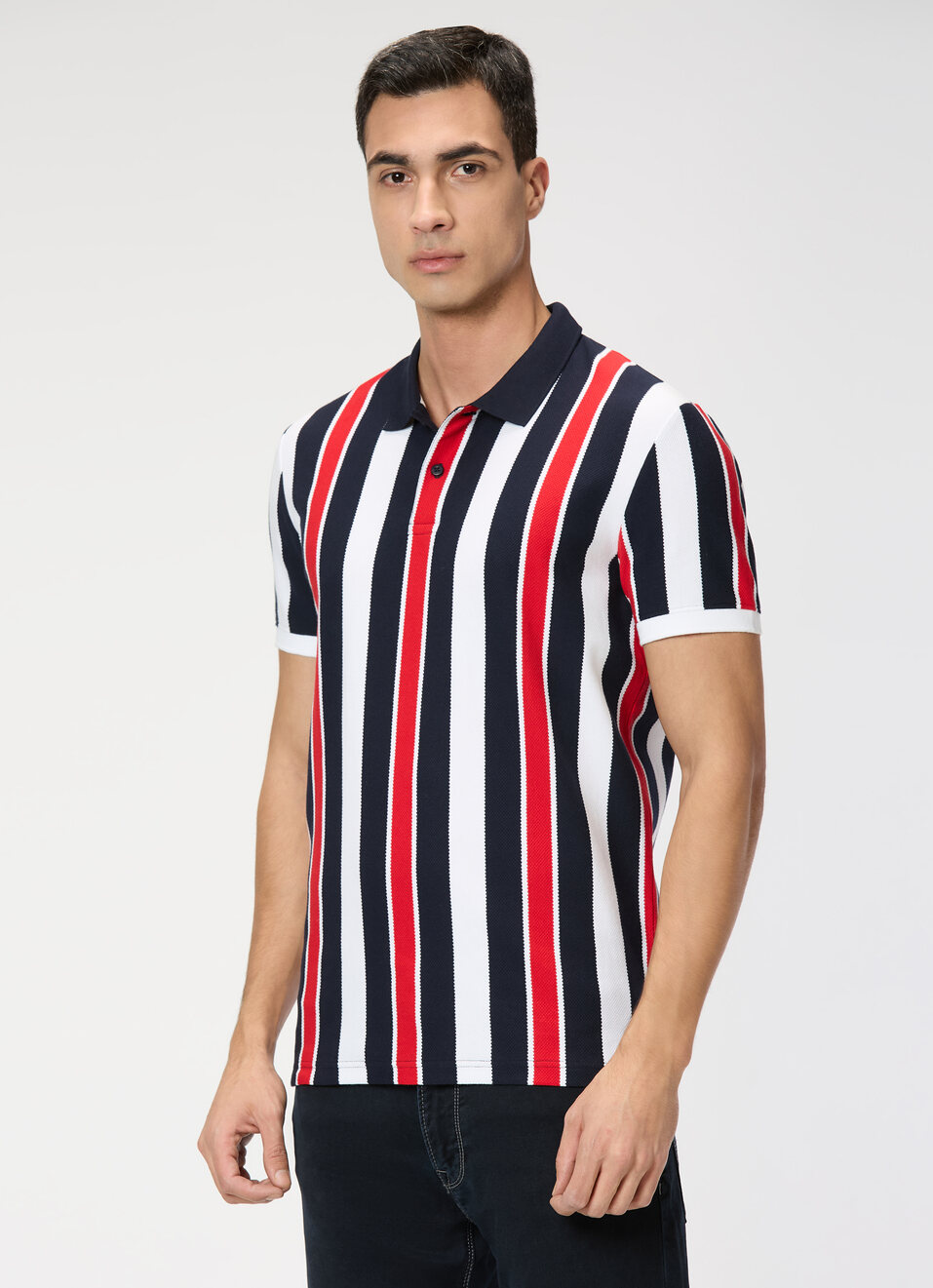 Men Navy Striped Polo Collar T-shirt, , large image number 3