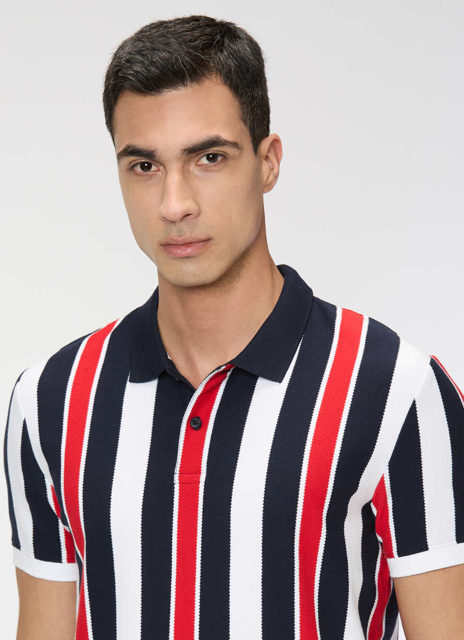 Men Navy Striped Polo Collar T-shirt, , large image number 4