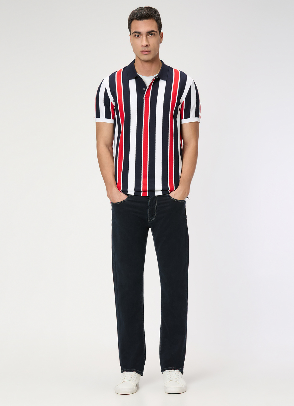 Men Navy Striped Polo Collar T-shirt, , large image number 5