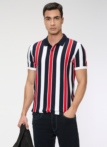 Men Navy Striped Polo Collar T-shirt
