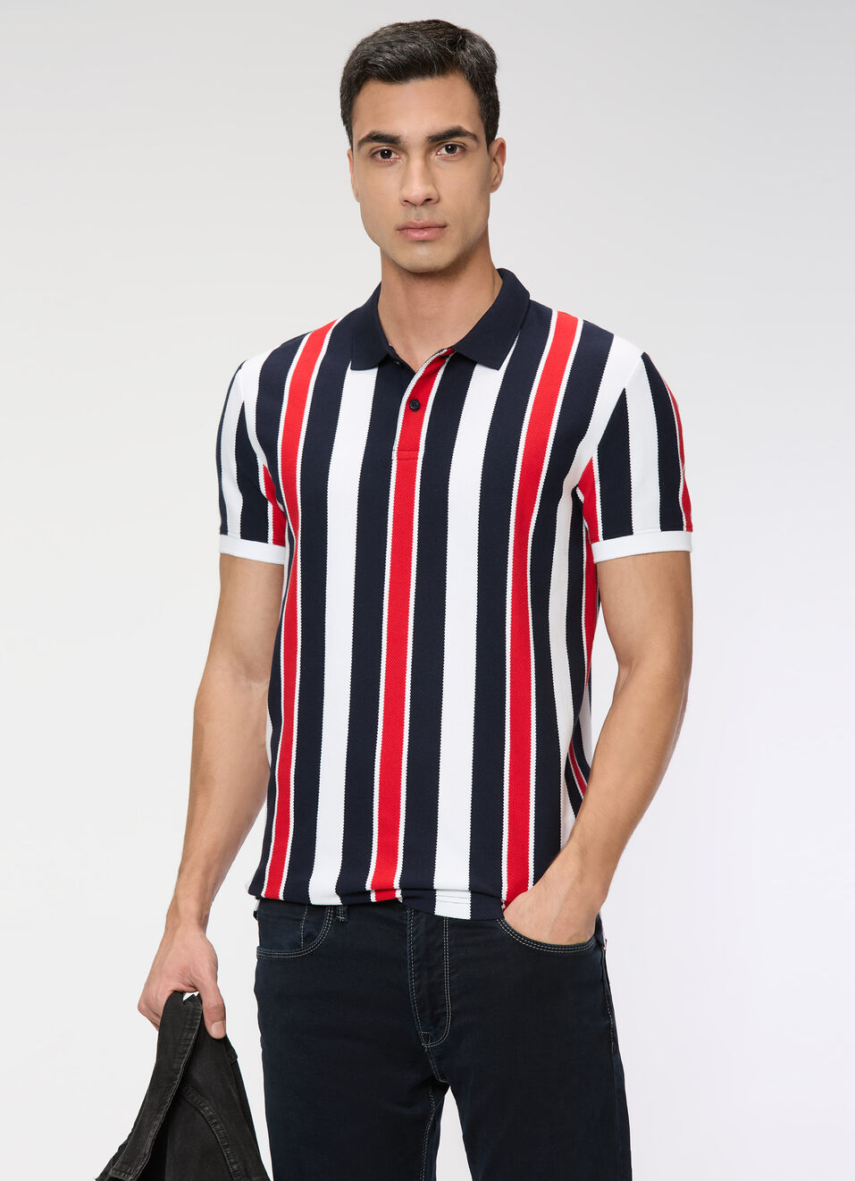 Men Navy Striped Polo Collar T-shirt, , large image number 0