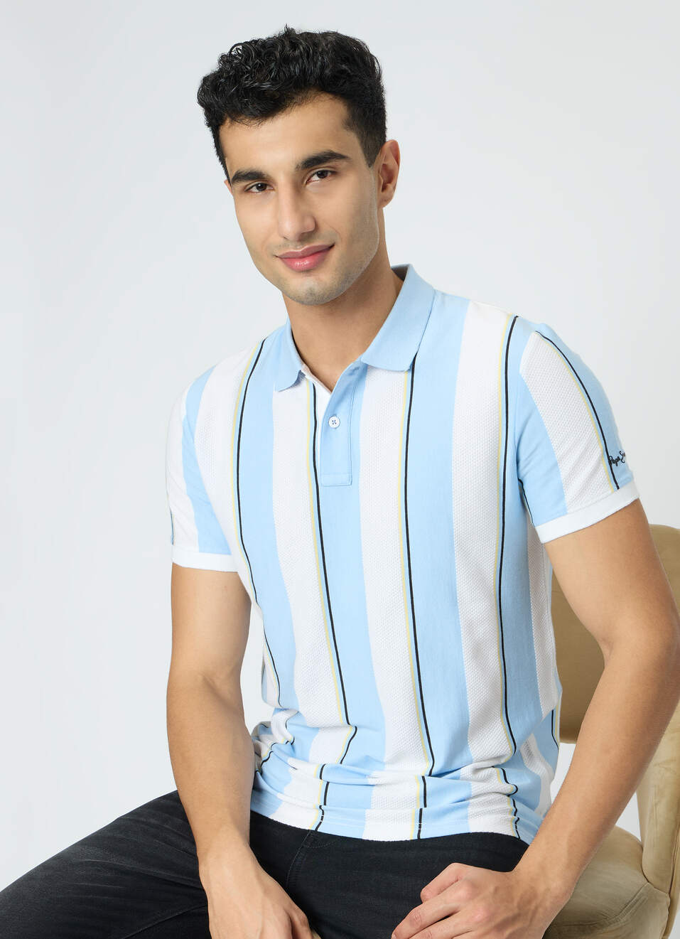 Men Blue Striped Polo Collar T-shirt, , large image number 0