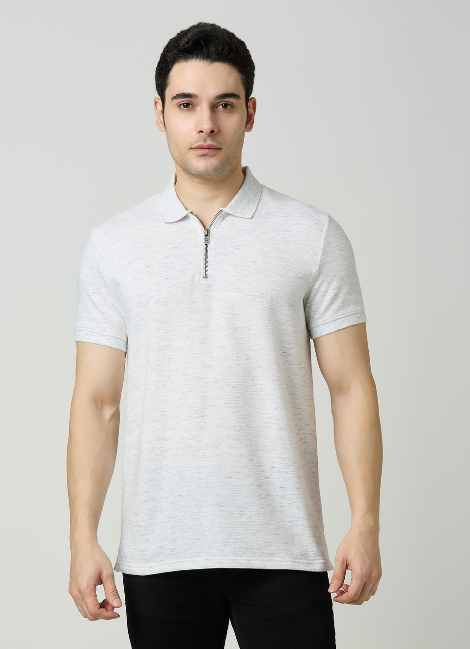 Men Ash Grey Zipper Polo Collar T-shirt, , large image number 1