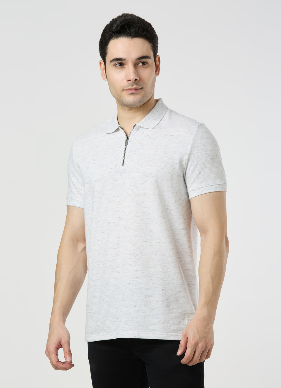 Men Ash Grey Zipper Polo Collar T-shirt, , large image number 3