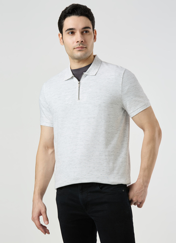 Men Ash Grey Zipper Polo Collar T-shirt