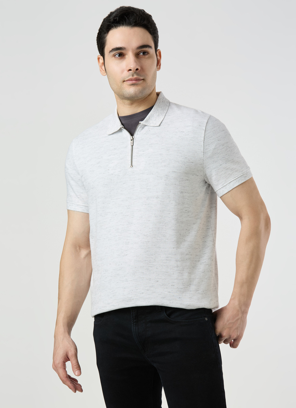 Men Ash Grey Zipper Polo Collar T-shirt, , large image number 0