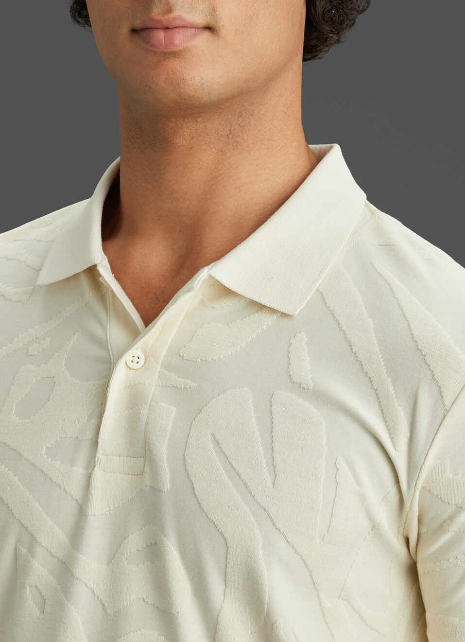 Men Ivory White Tonal Abstract Short Sleeve Polo, , large image number 1
